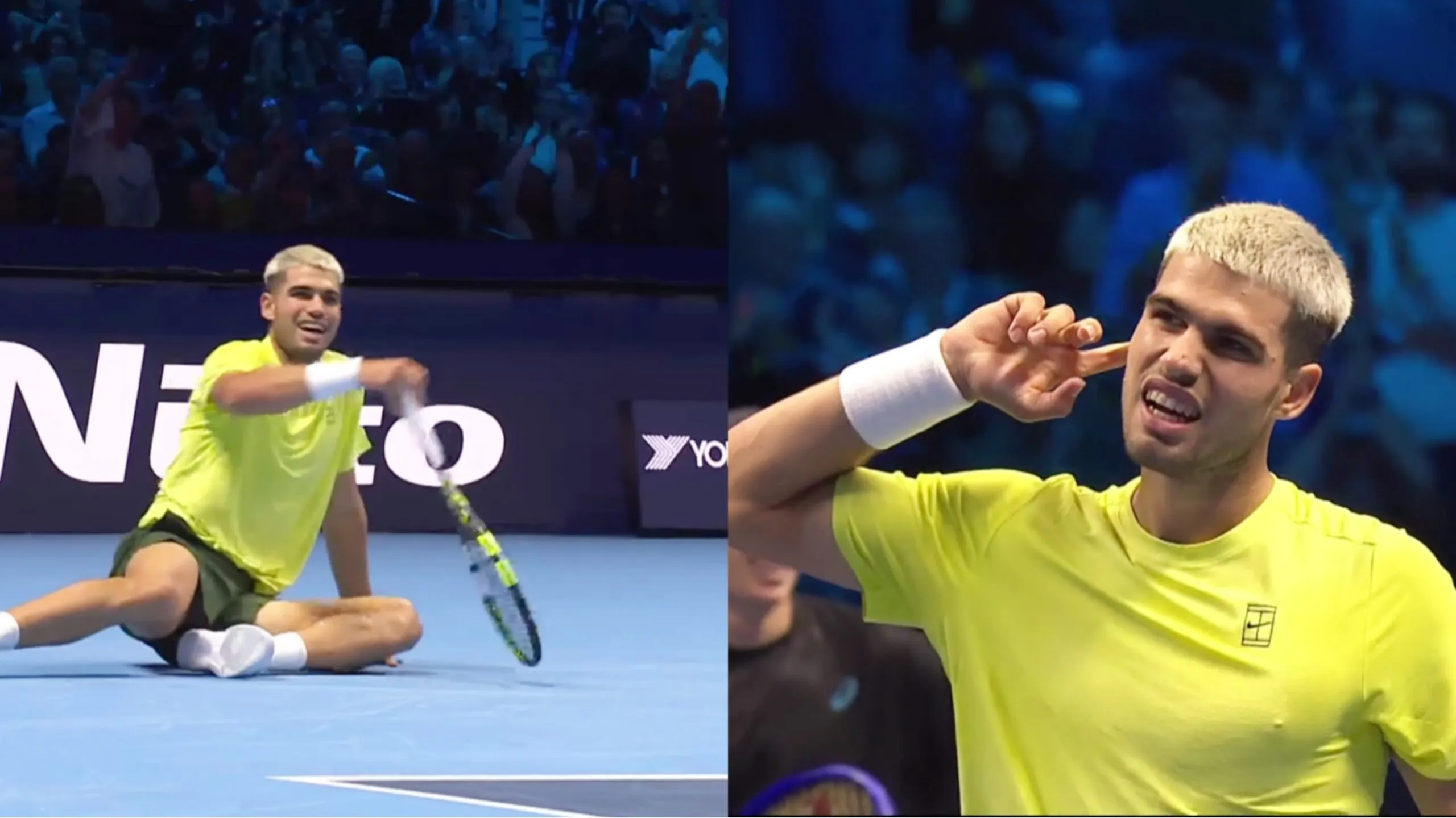 Carlos Alcaraz fall down but after he pulled his ears towards crowd after win against Alex de Minaur